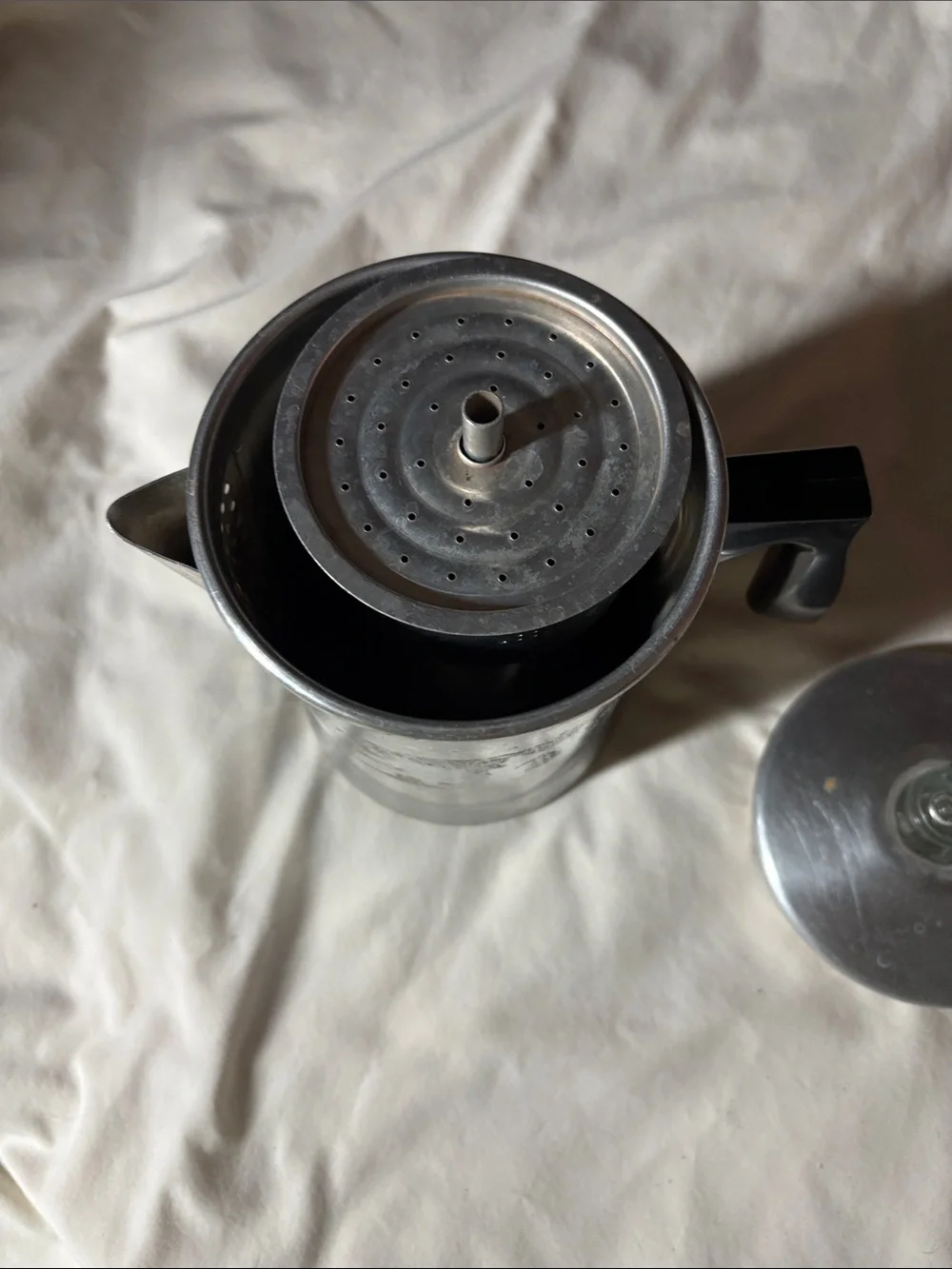 Vintage Silver Aluminum Coffee Percolator with Black Handle